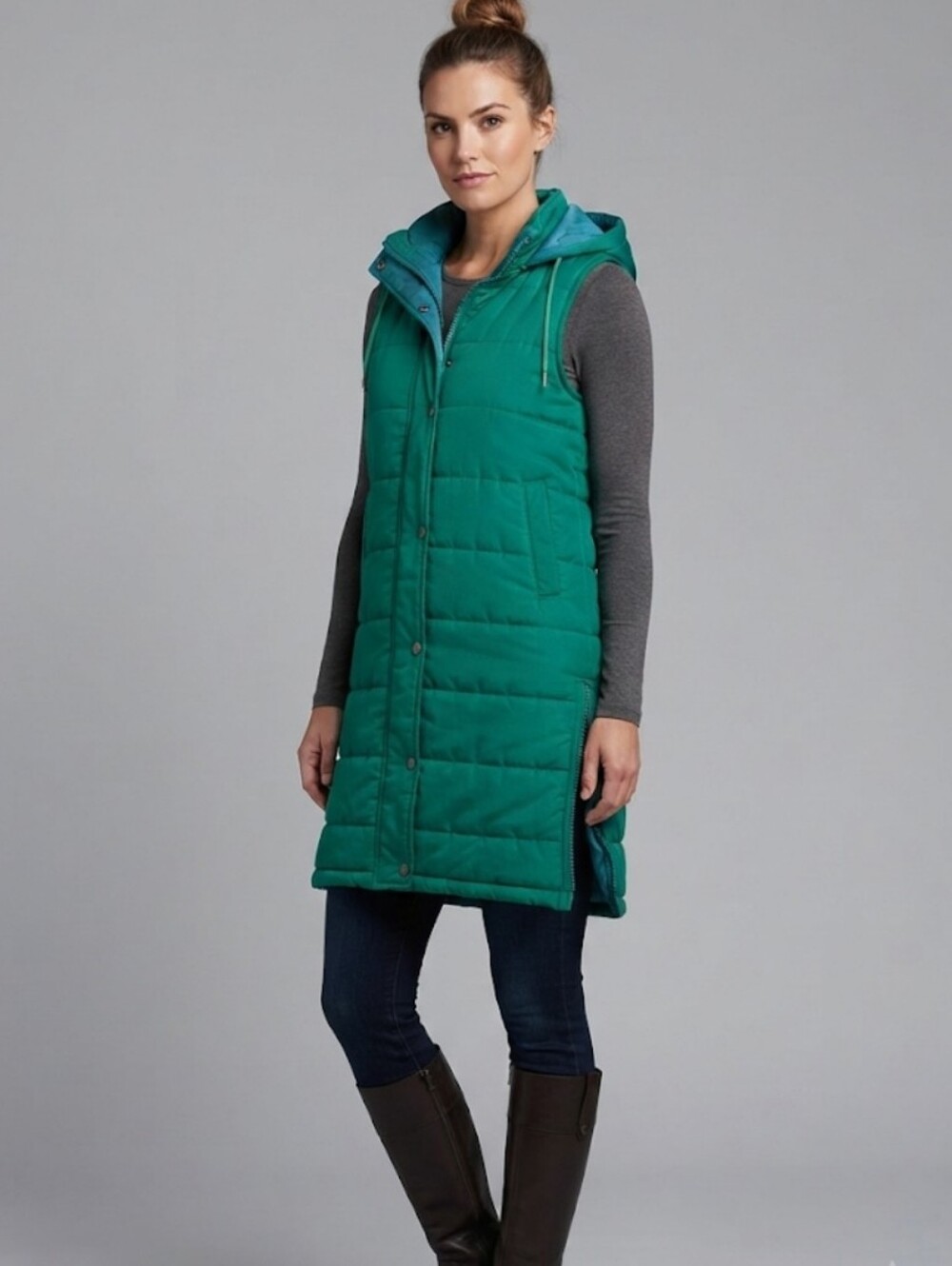Green Quilted Hooded Long Puffer Vest With Side Zippers And Pockets